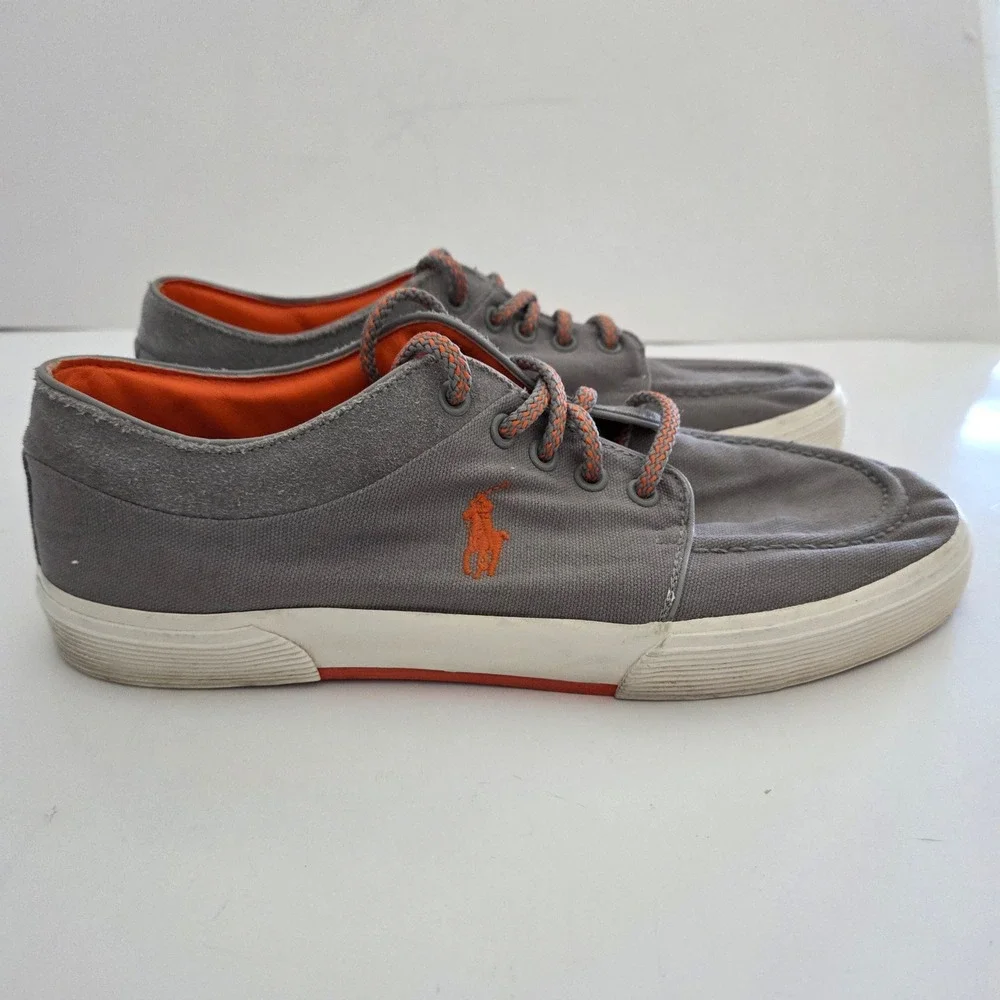 Polo Ralph‎ Lauren Boat Shoes Grey Orange Canvas Moc Toe Mens 10